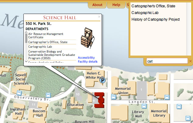 UW campus map, searching and browsing