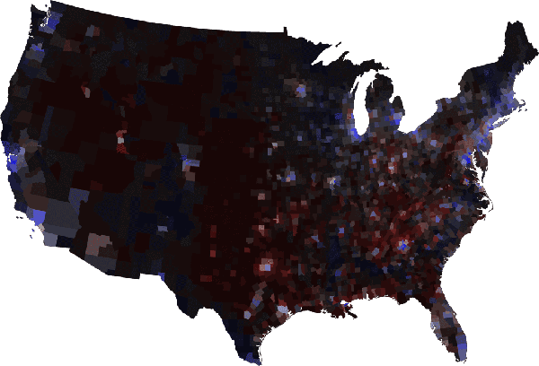 Margin of victory election map with county population densities