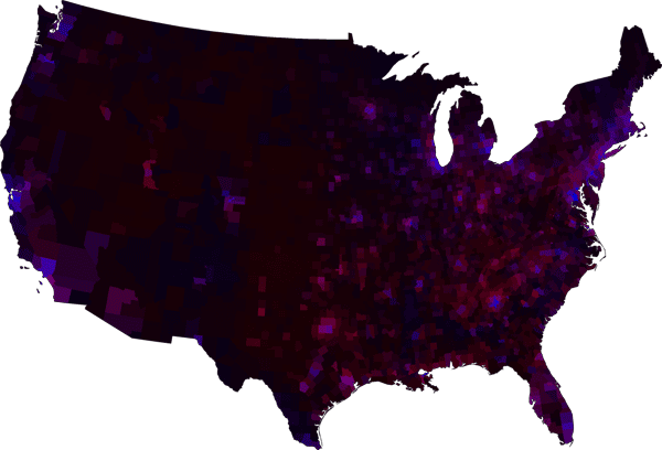 Purple election map with county population densities