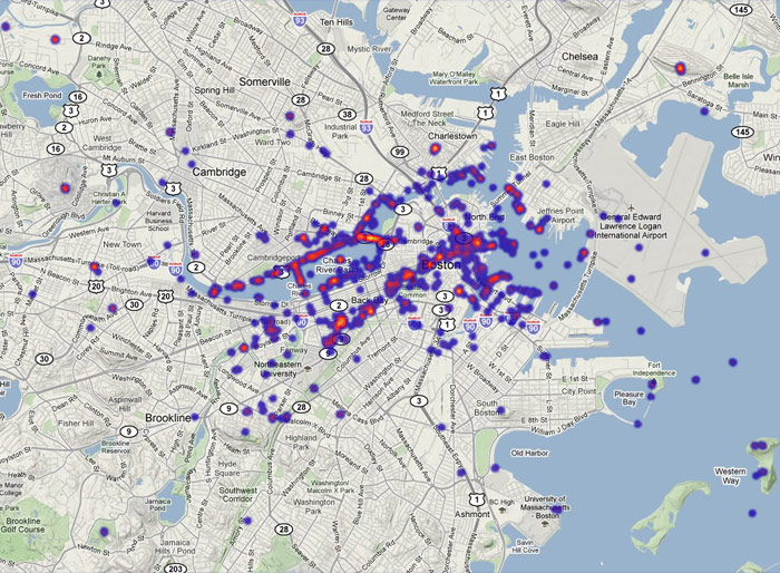 Density of Flickr photos tagged 'skyline' in Boston
