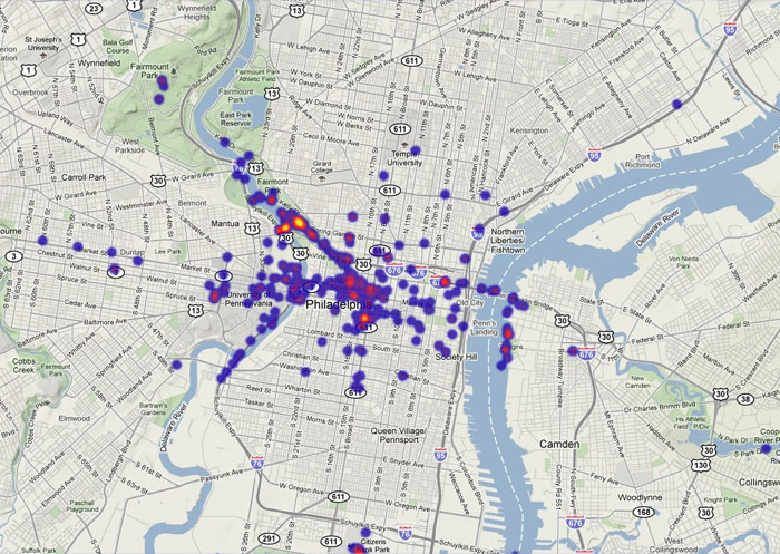 Density of Flickr photos tagged 'skyline' in Philadelphia