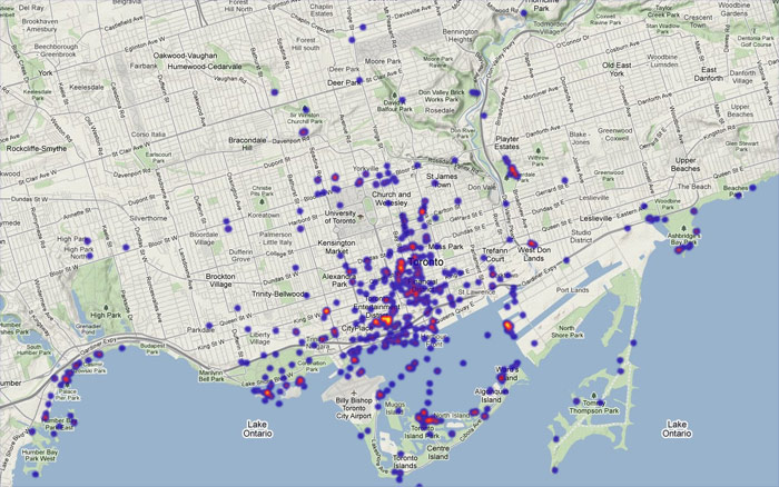 Density of Flickr photos tagged 'skyline' in Toronto