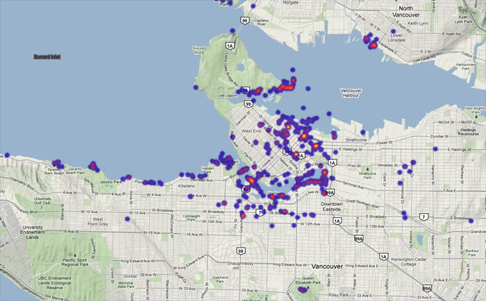 Density of Flickr photos tagged 'skyline' in Vancouver